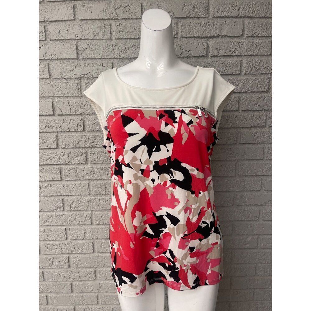 Calvin Klein Women Cream Multicolored Zip Accent Top Size M